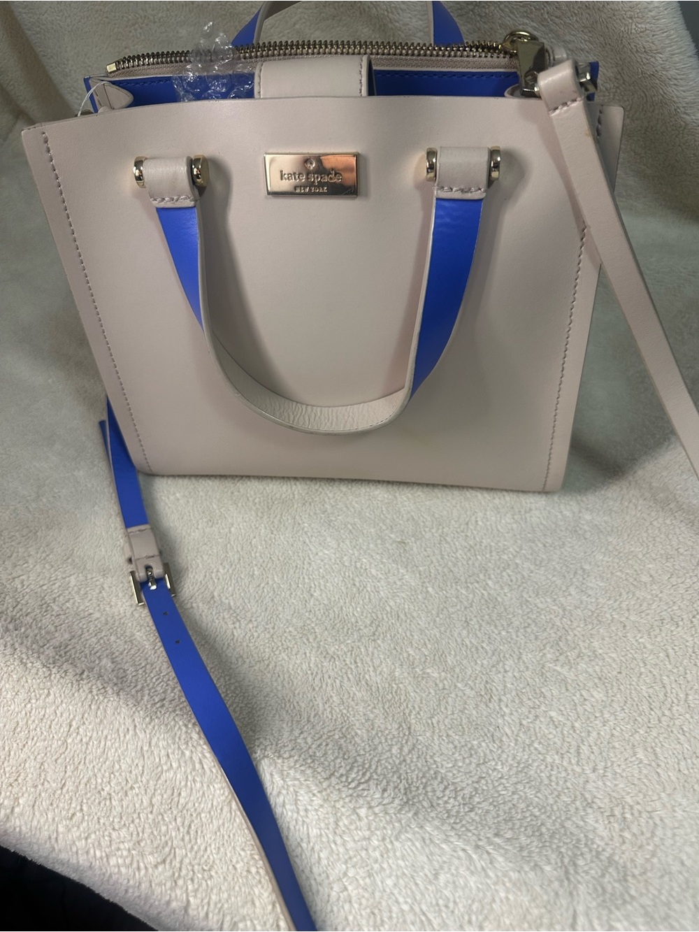 kate spade cream and cobalt blue leather satchel